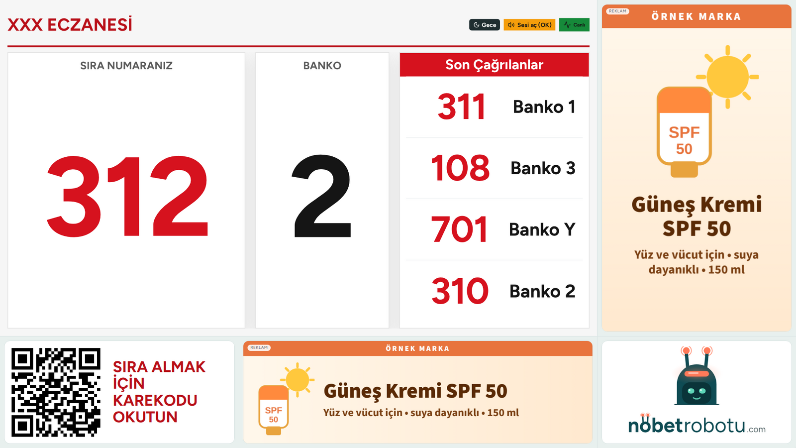 Sıra takip ekranında sıra numaralarının yanında ayrı şeritte gösterilen örnek reklam alanı (örnek ekran)