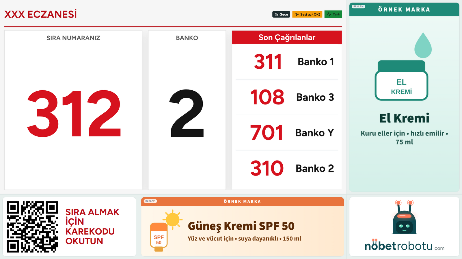 Reklamlı pakette sıra takip ekranı: sıra numarası ve banko büyük yazar, örnek reklam ayrı şeritte döner (örnek ekran)